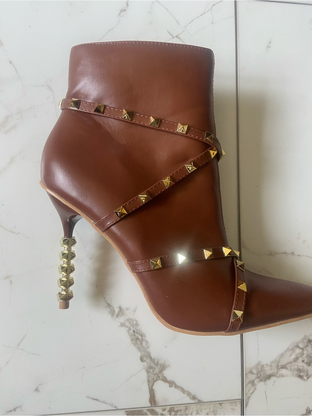 Cape Robbin Brown Leather Studded Ankle Boot with Goldtone Sculpted  4” Heel